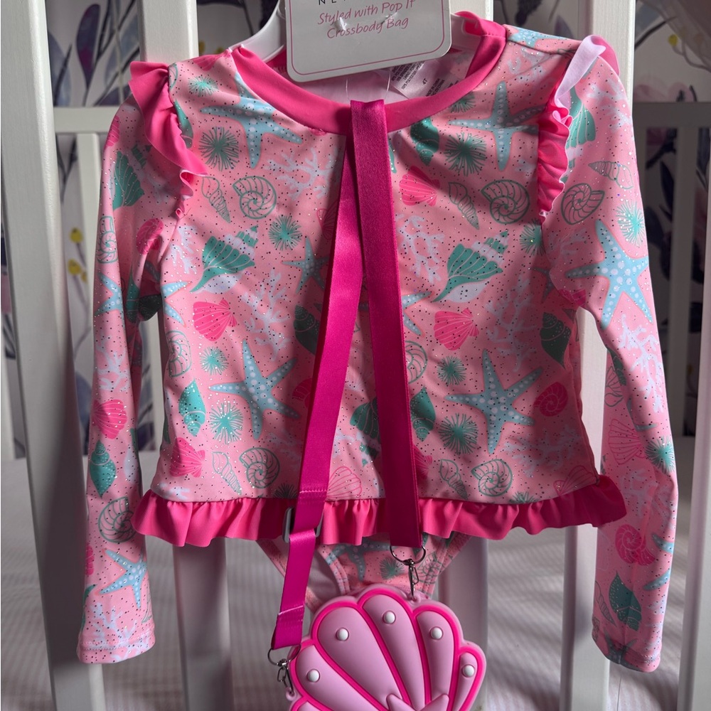 Nicole Miller Pink and Green Rashguard Swim Set